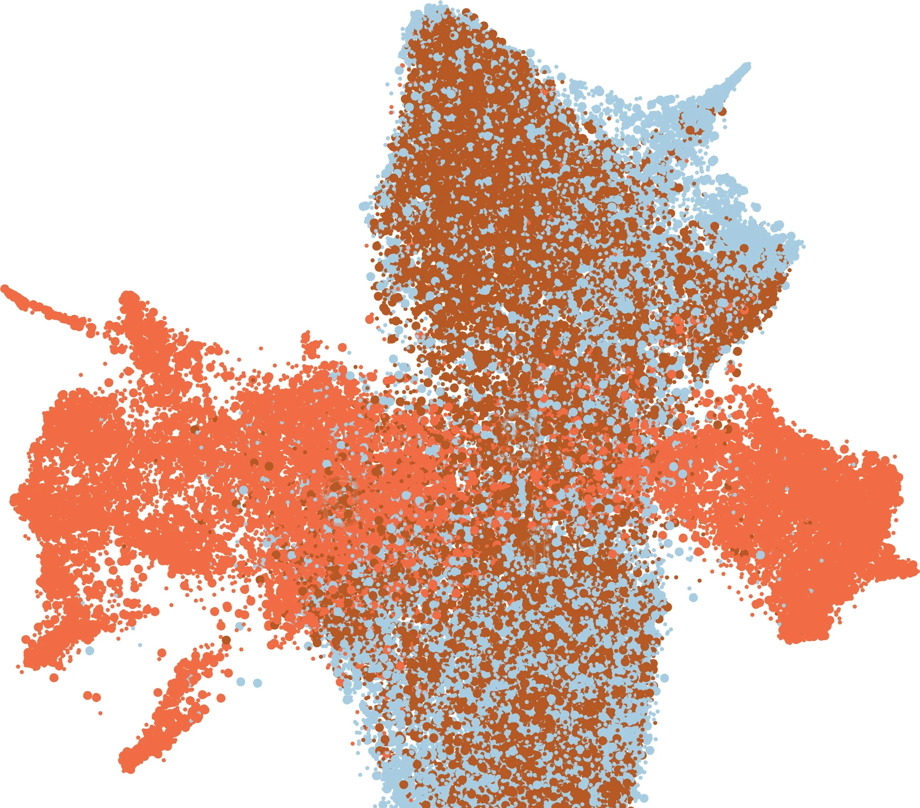 Single-cell embedding combining three tumors: intermingled orange, pale blue and brown points forming a broad lobed cloud, with regions where one tumor dominates and regions where all three overlap.