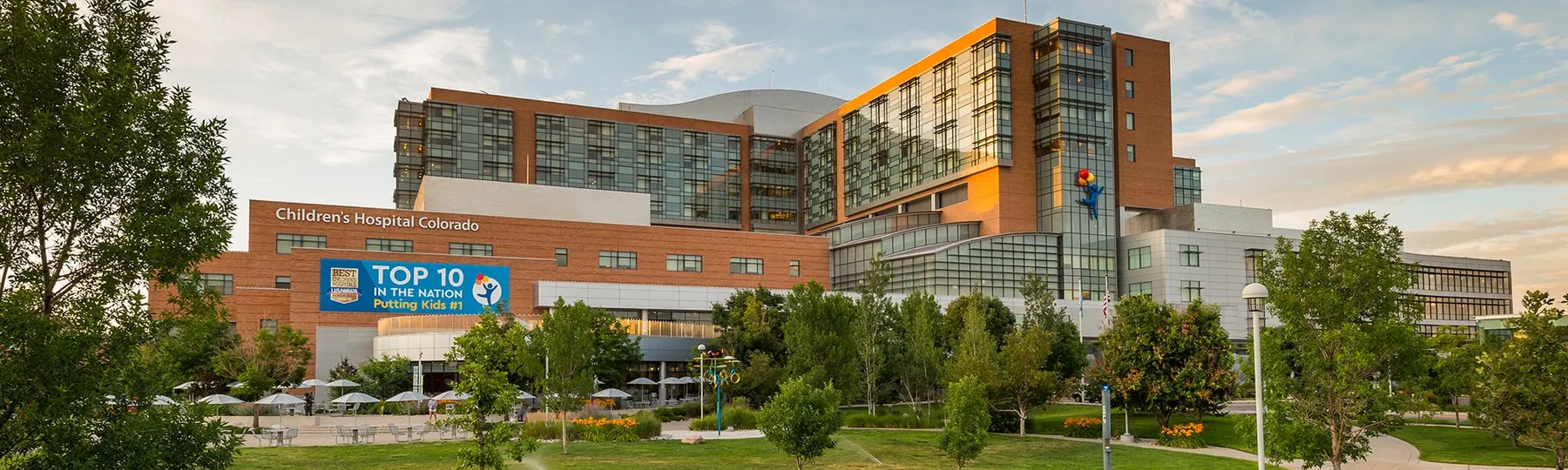 Children’s Hospital Colorado on the Anschutz Medical Campus, seen from the lawn at dusk. Photo: Children’s Hospital Colorado.