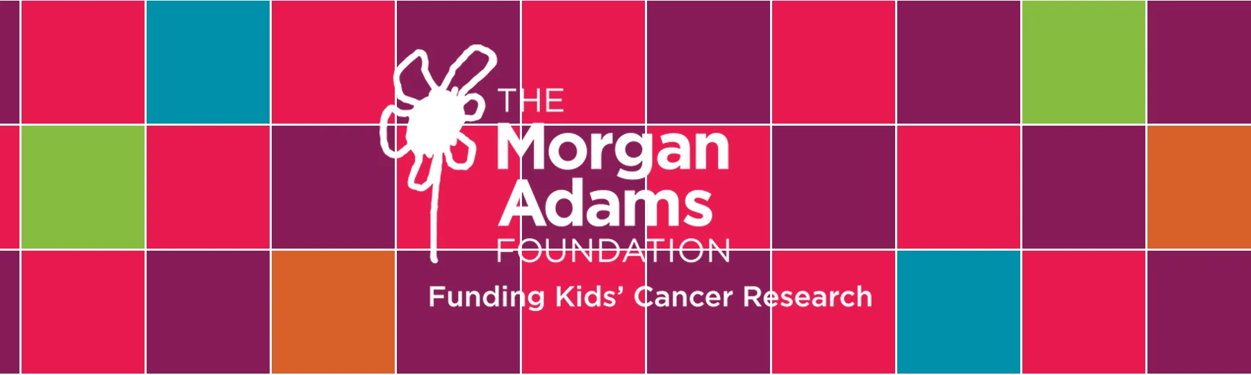 The Morgan Adams Foundation wordmark in white on a checkerboard of the foundation’s brand colours. Logo: The Morgan Adams Foundation.