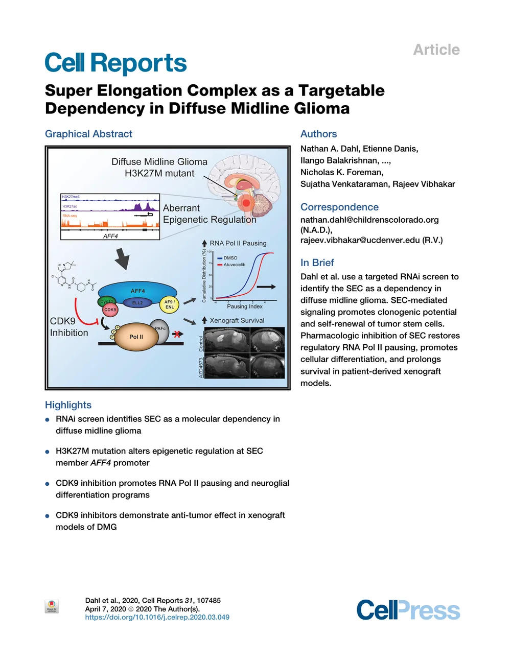 First page of the published paper: Super elongation complex as a targetable dependency in diffuse midline glioma, Cell Reports.