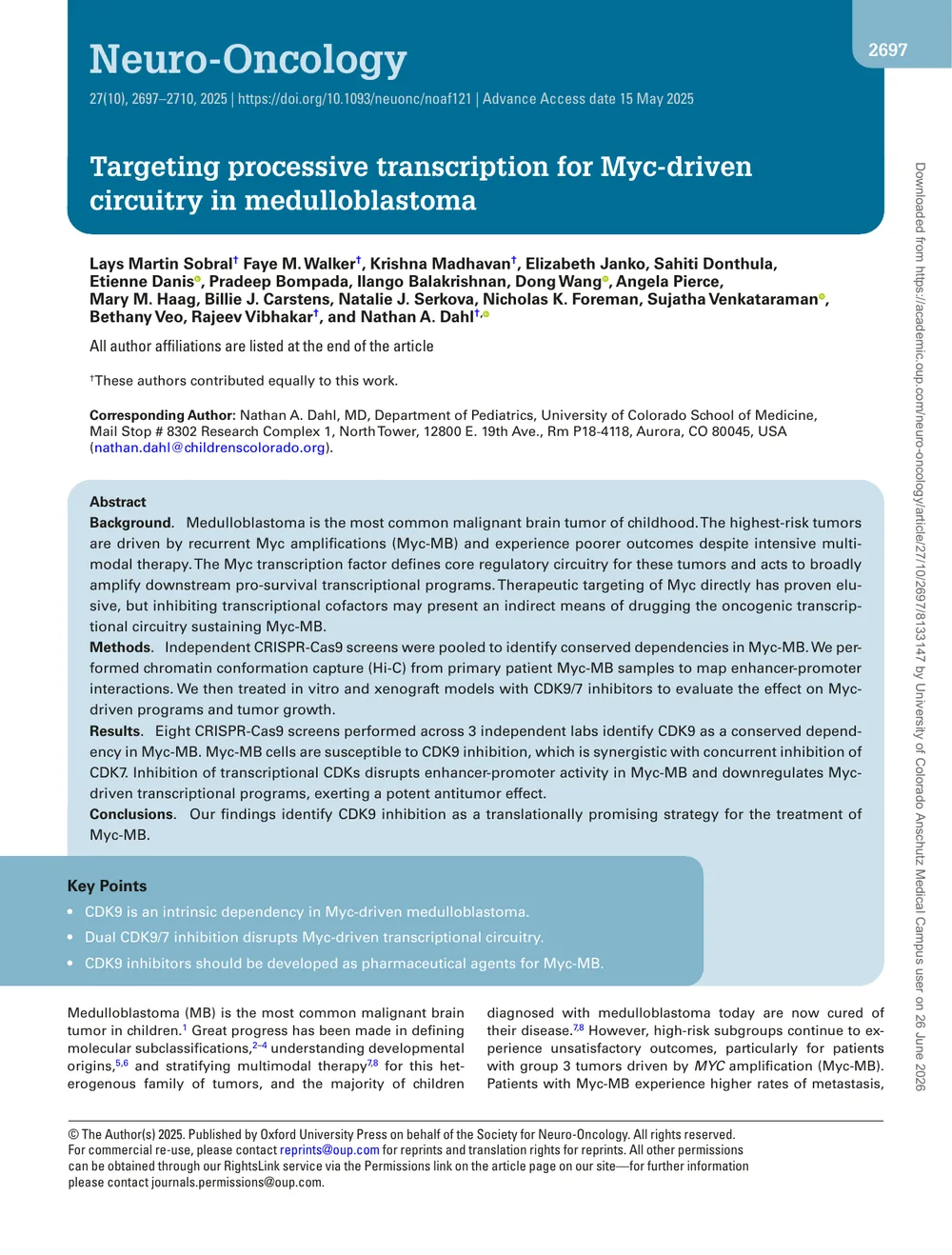 First page of the published paper: Targeting processive transcription for Myc-driven circuitry in medulloblastoma, Neuro-Oncology.