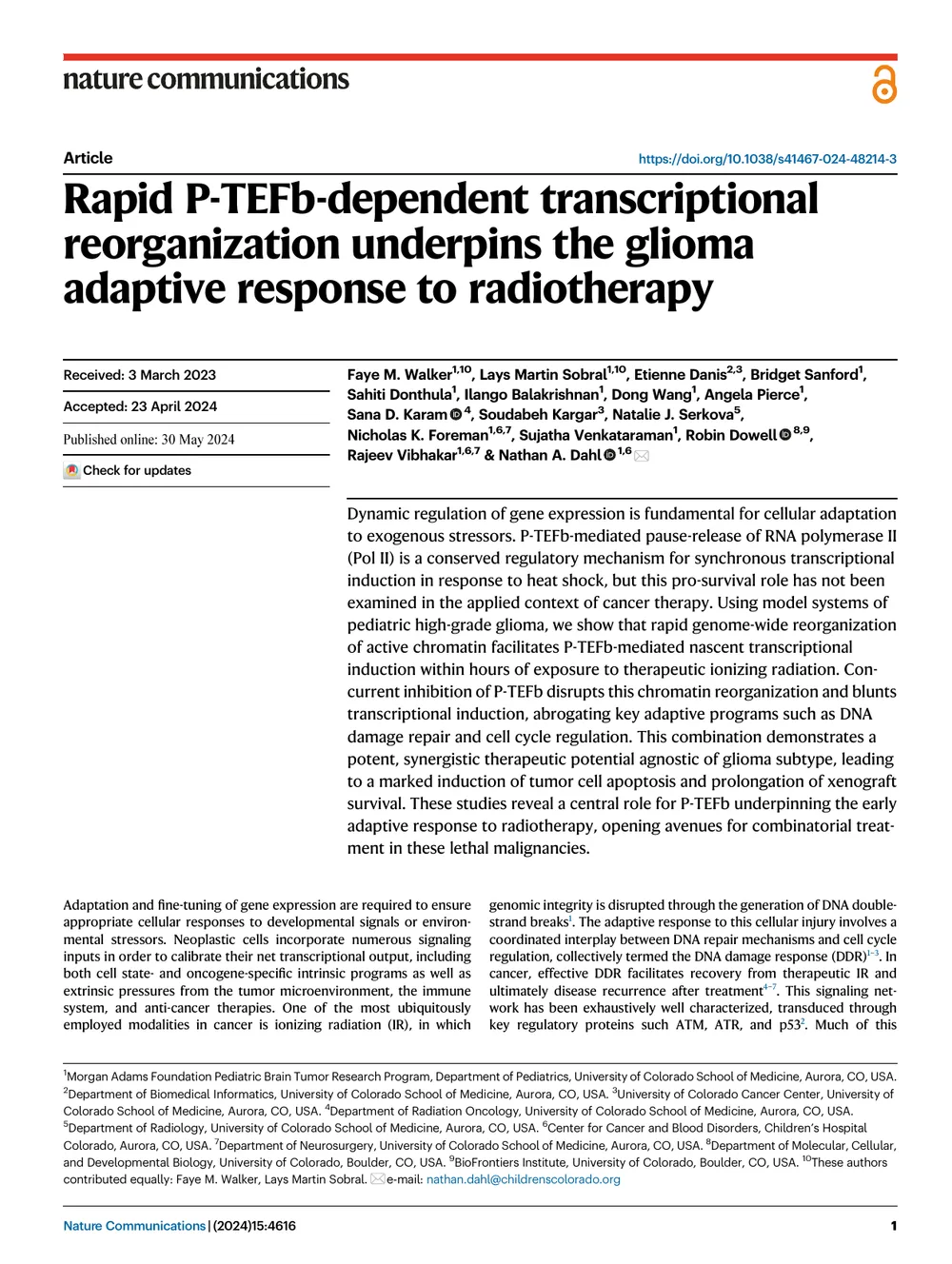 First page of the published paper: Rapid PTEFb-dependent transcriptional reorganization underpins the glioma adaptive response to radiotherapy, Nature Communications.